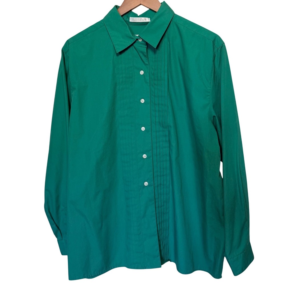 Vintage 90s Orvis Womens 18 Emerald Green Pintuck Tuxedo Button Up Blouse